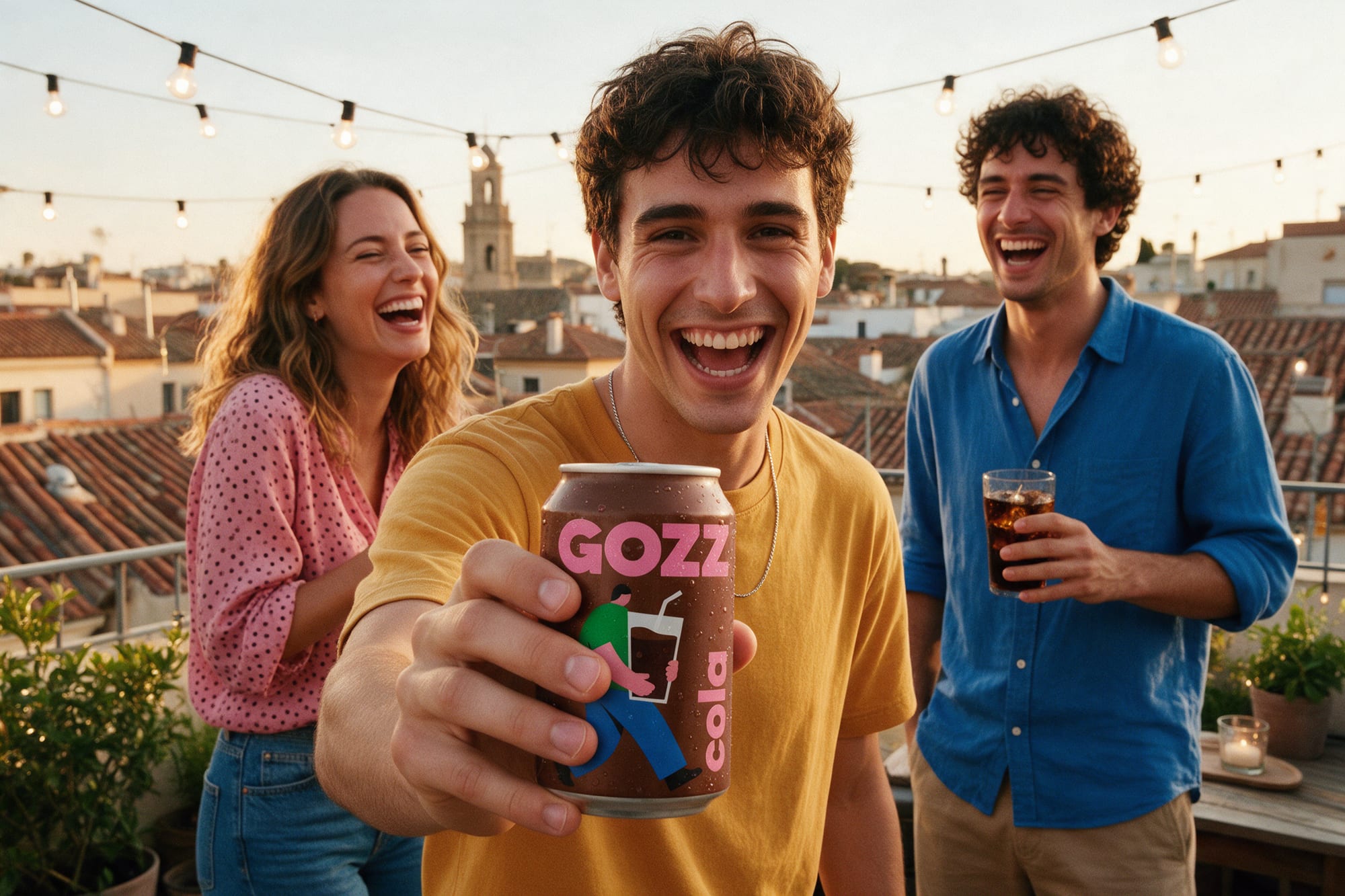 Amigos en una azotea con una lata de Gozz