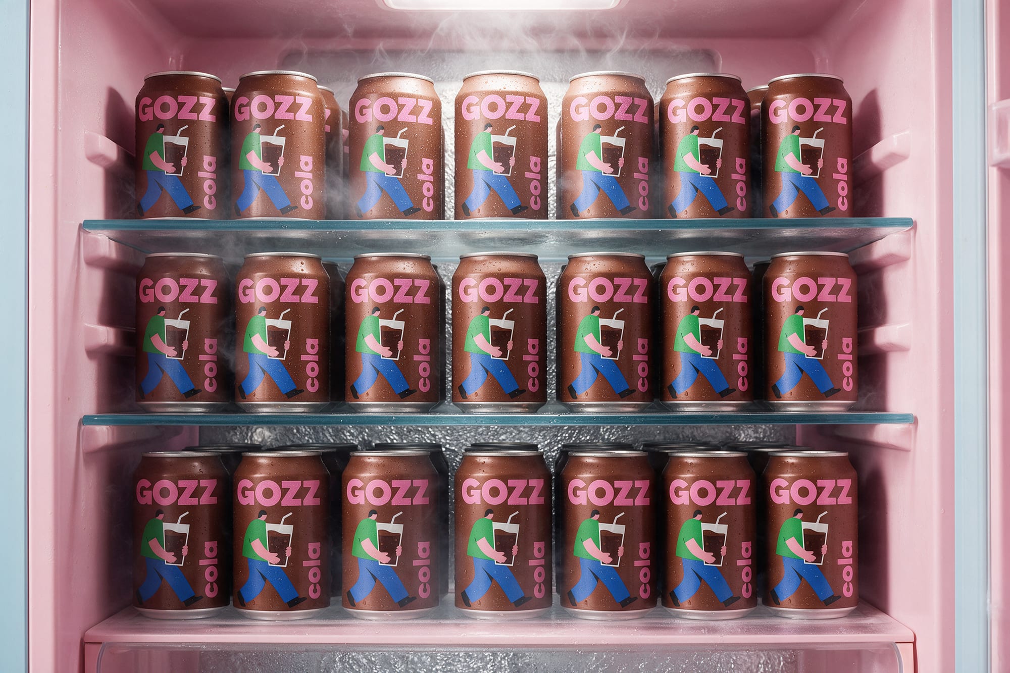 Una nevera rosa llena de latas de Gozz cola